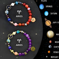 Set of two natural stone beaded bracelets for zodiac signs on a plain background.