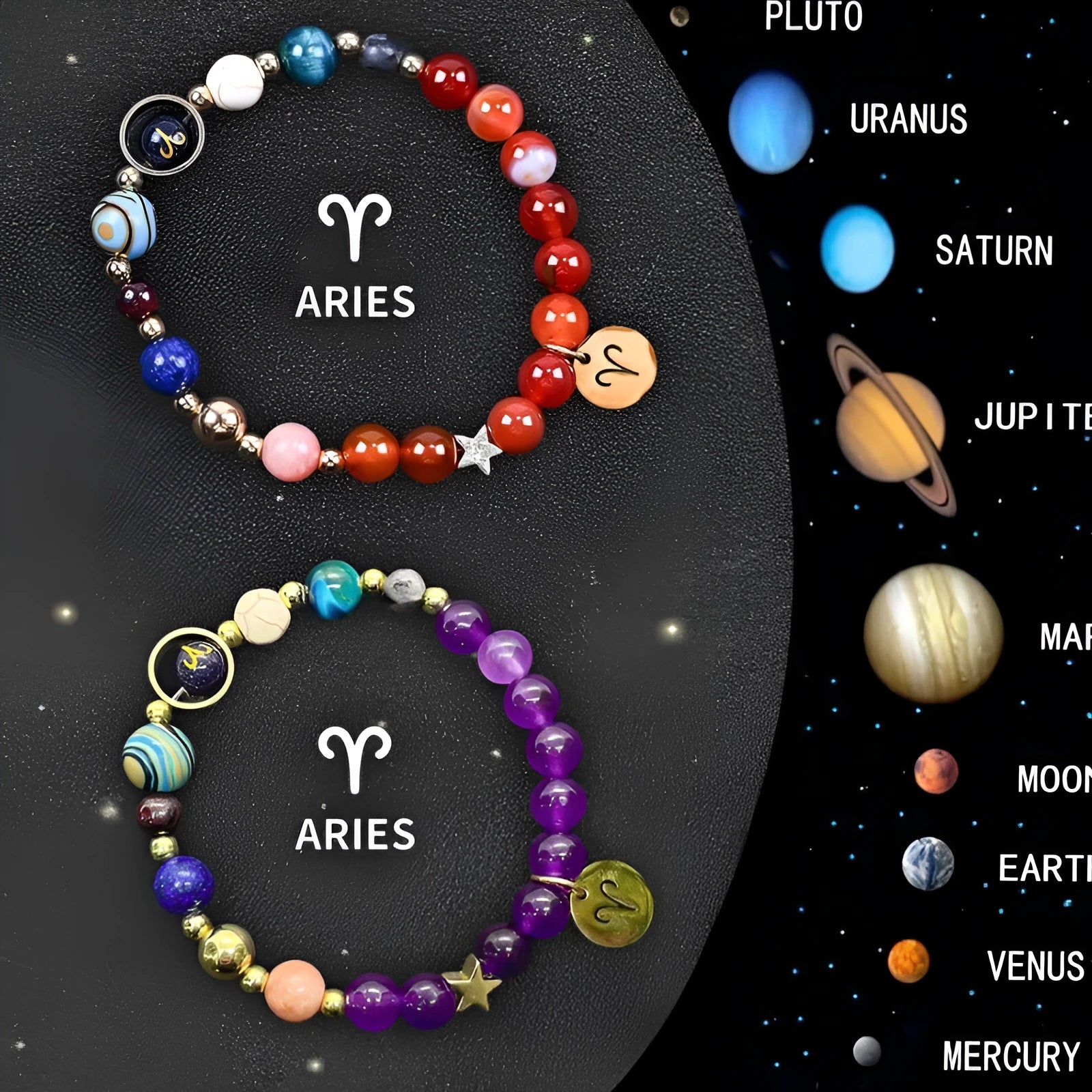 Set of two natural stone beaded bracelets for zodiac signs on a plain background.