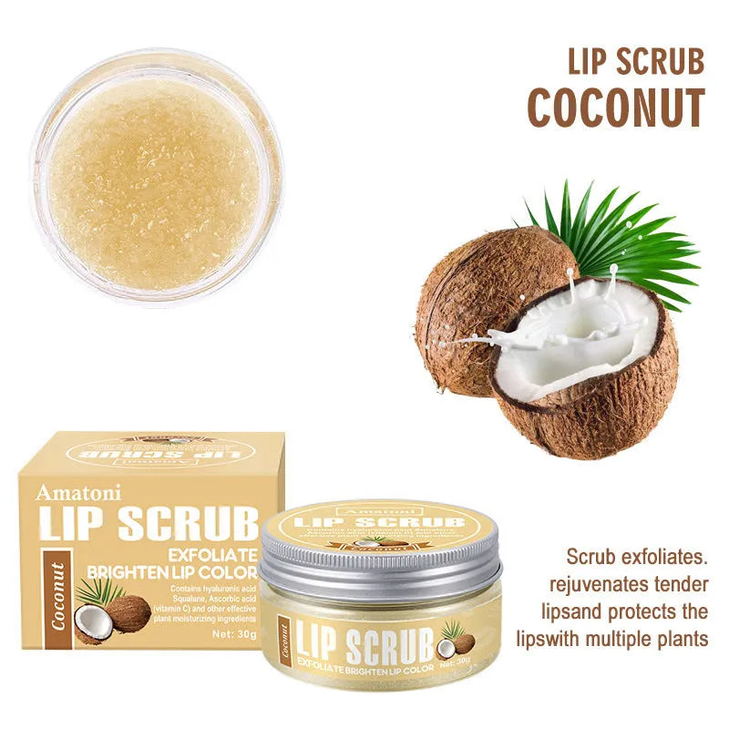 Amatoni Lip Scrub cream in 30g container with coconut raspberry vanilla watermelon flavour options