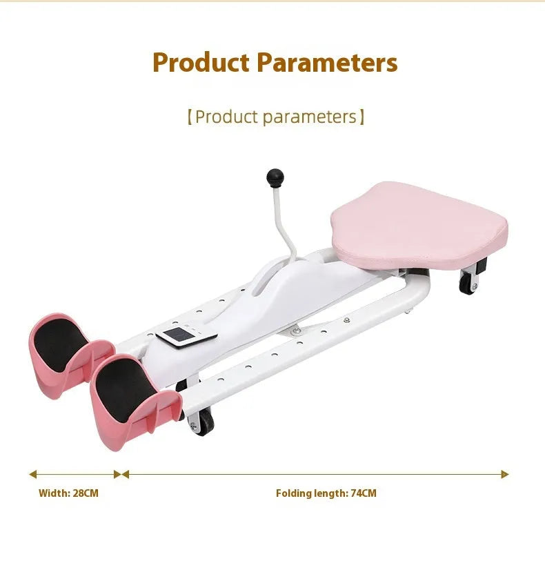 Steel-framed leg stretcher hip opener in blue or pink, shown with and without a backrest.