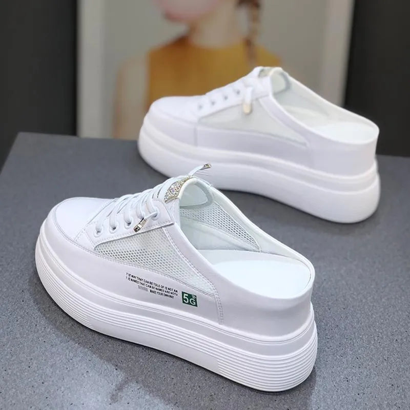 White women's mesh platform shoes with round toe and heel-free design