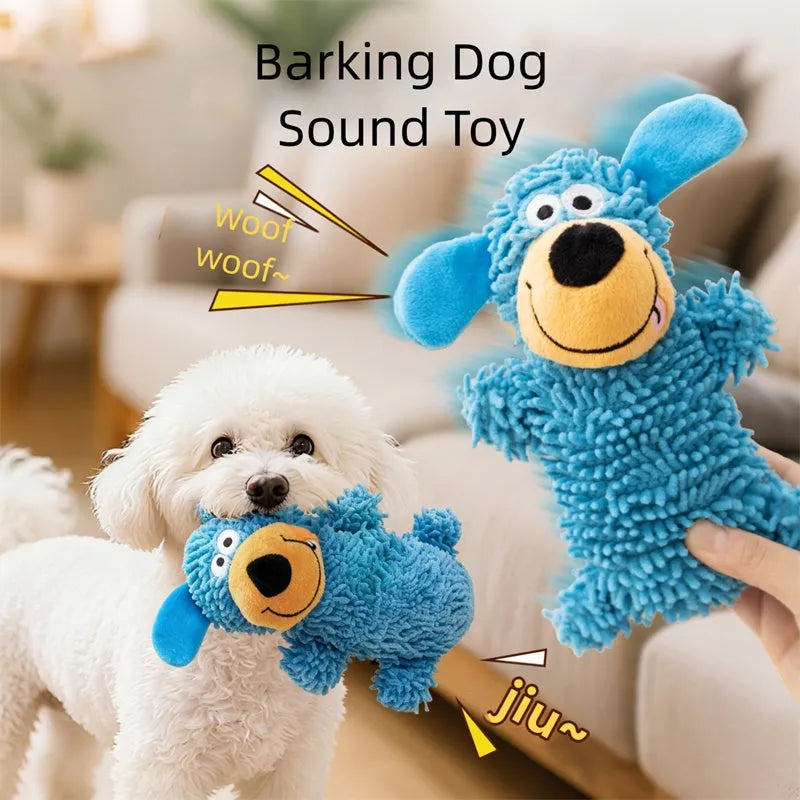 Squeaky plush dog toy in blue with cheerful dog shape and built-in squeaker