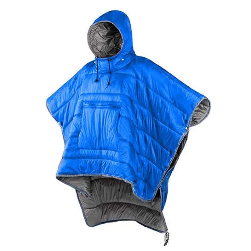 Outdoor cloak sleeping bag in Army Green or Grey, 200cm by 140cm nylon construction with hollow cotton filling