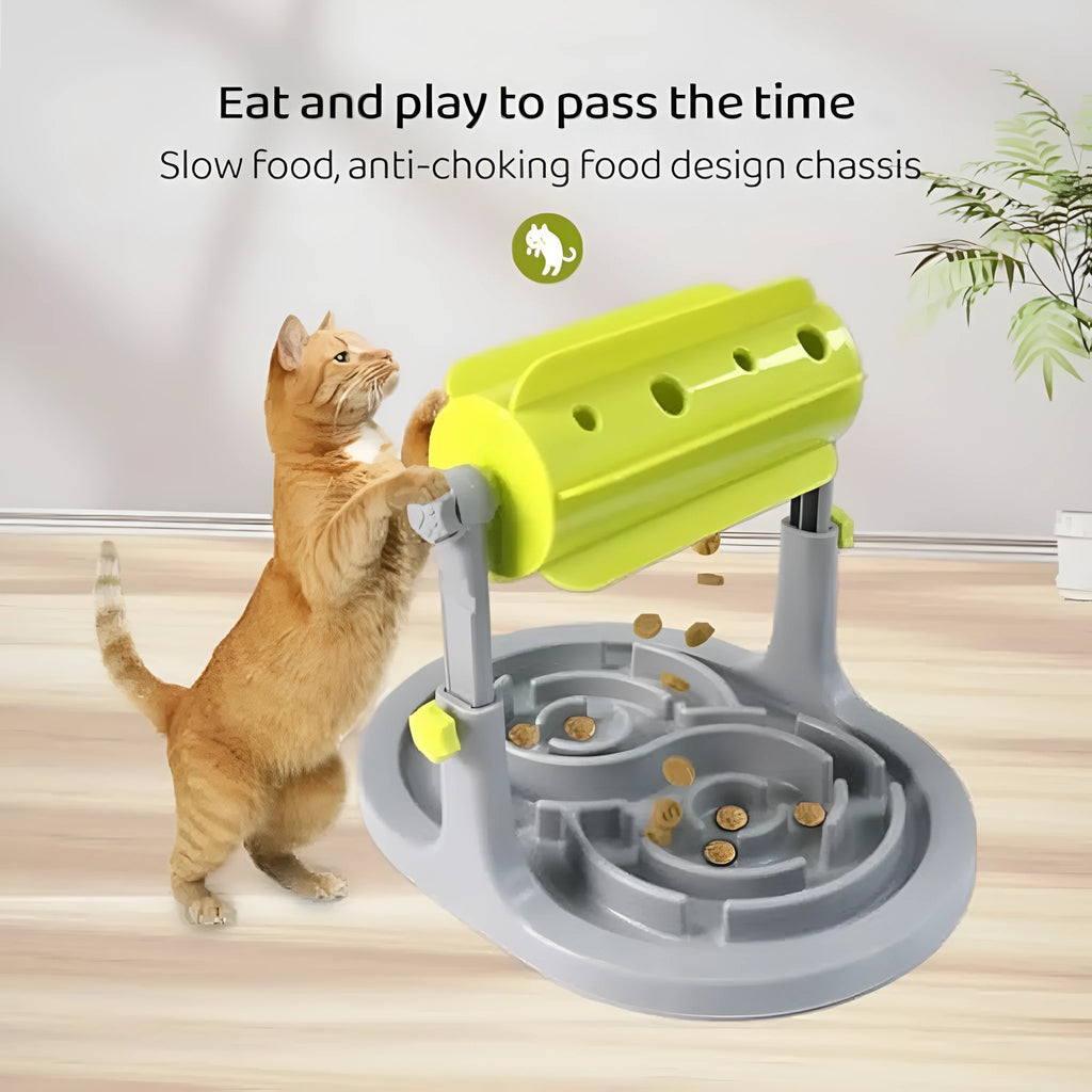 Blue adjustable height interactive slow feeder bowl for pets with raised pattern food tray
