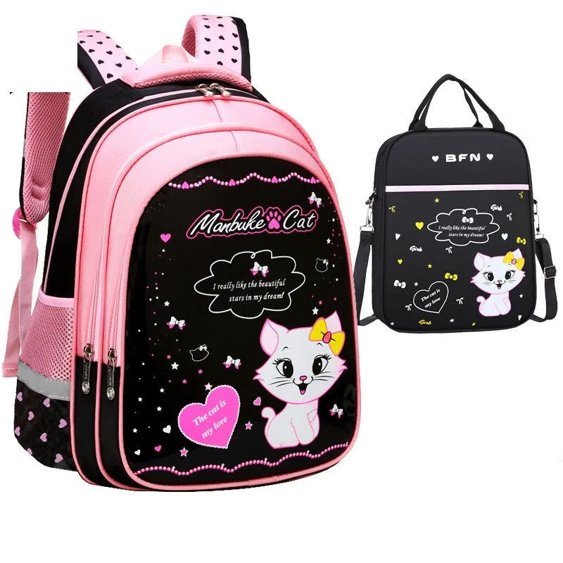 Kids school cute cat print backpack in nylon with zipper opening and computer pocket