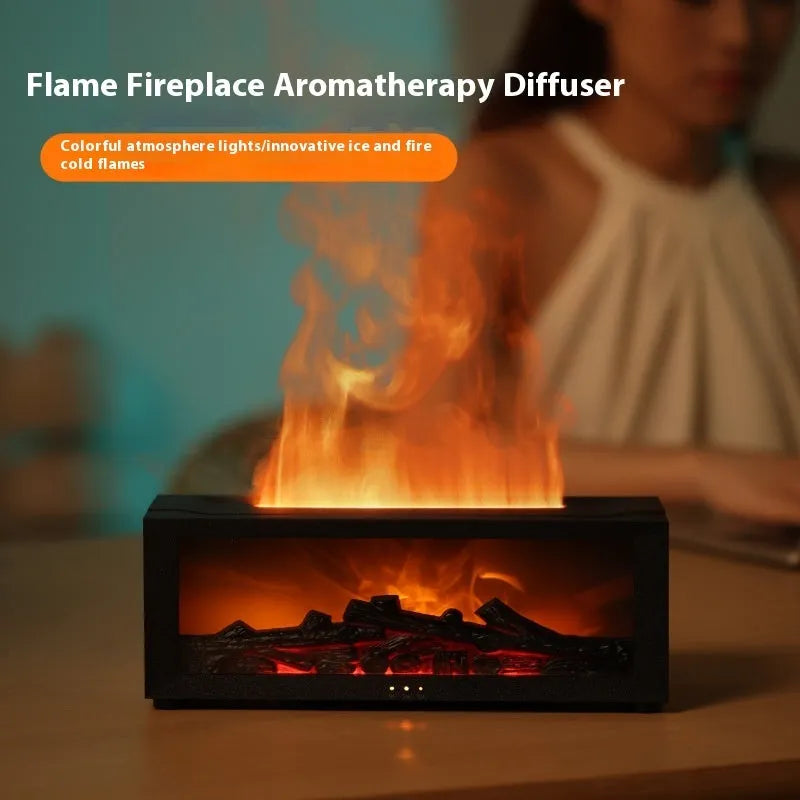 Square flame aromatherapy machine with LED 3D flame effect, seven colour mood lights, and remote control.