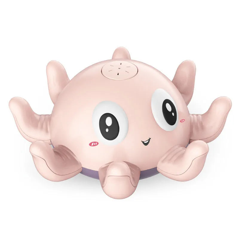 Blue and pink automatic spray octopus bath toy with flashing lights next to its colour box packaging.