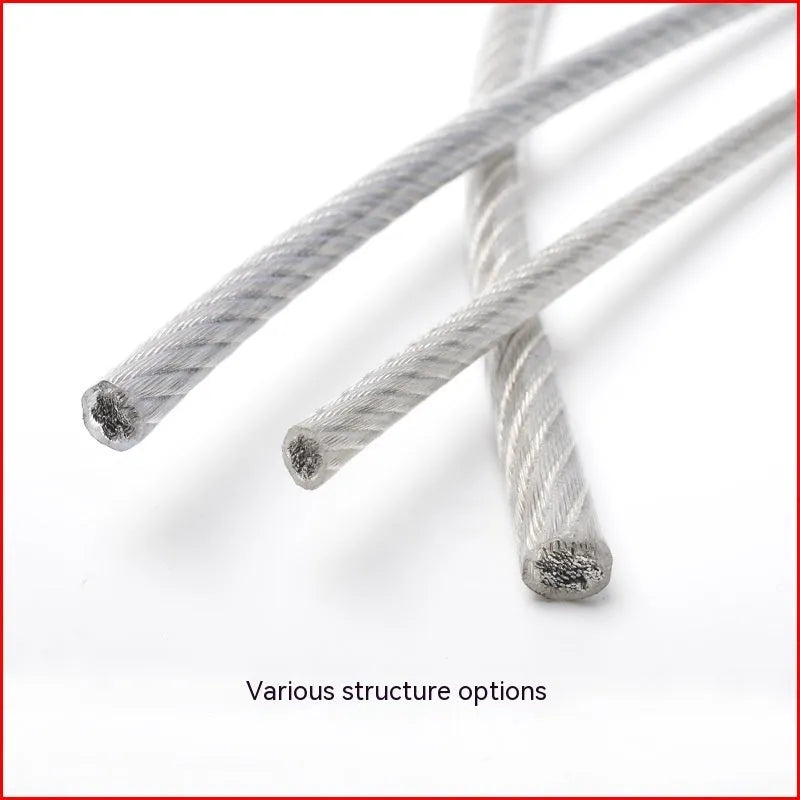 Coiled 304 stainless steel security wire rope with a coated finish on a white background.