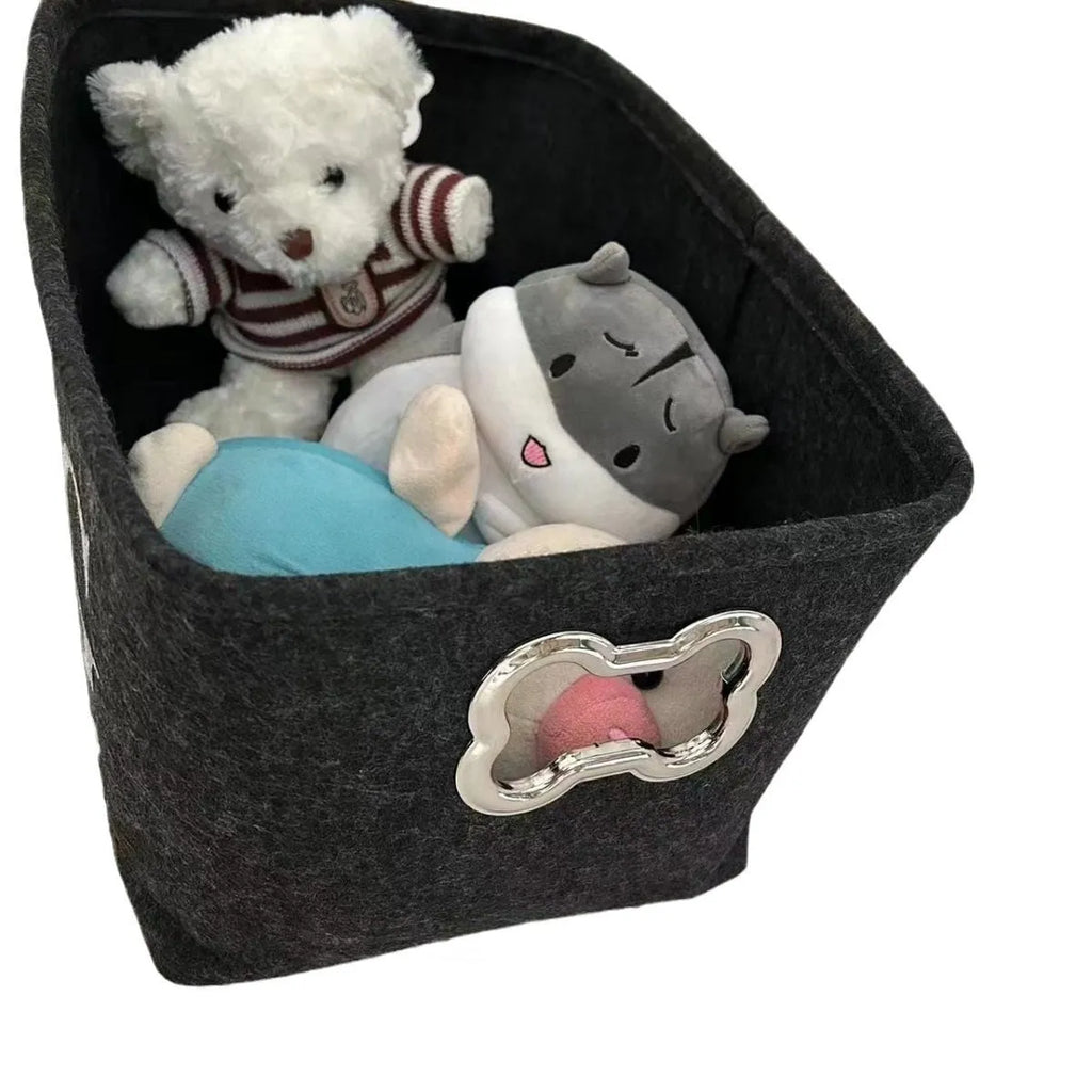 Dark grey felt storage box with metal handle for pet toys snacks sundries measuring 38x27x25 cm