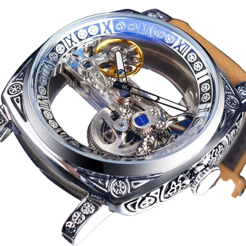Hollow mechanical watch for men business style GMT1235-3 15mm thickness open-worked dial