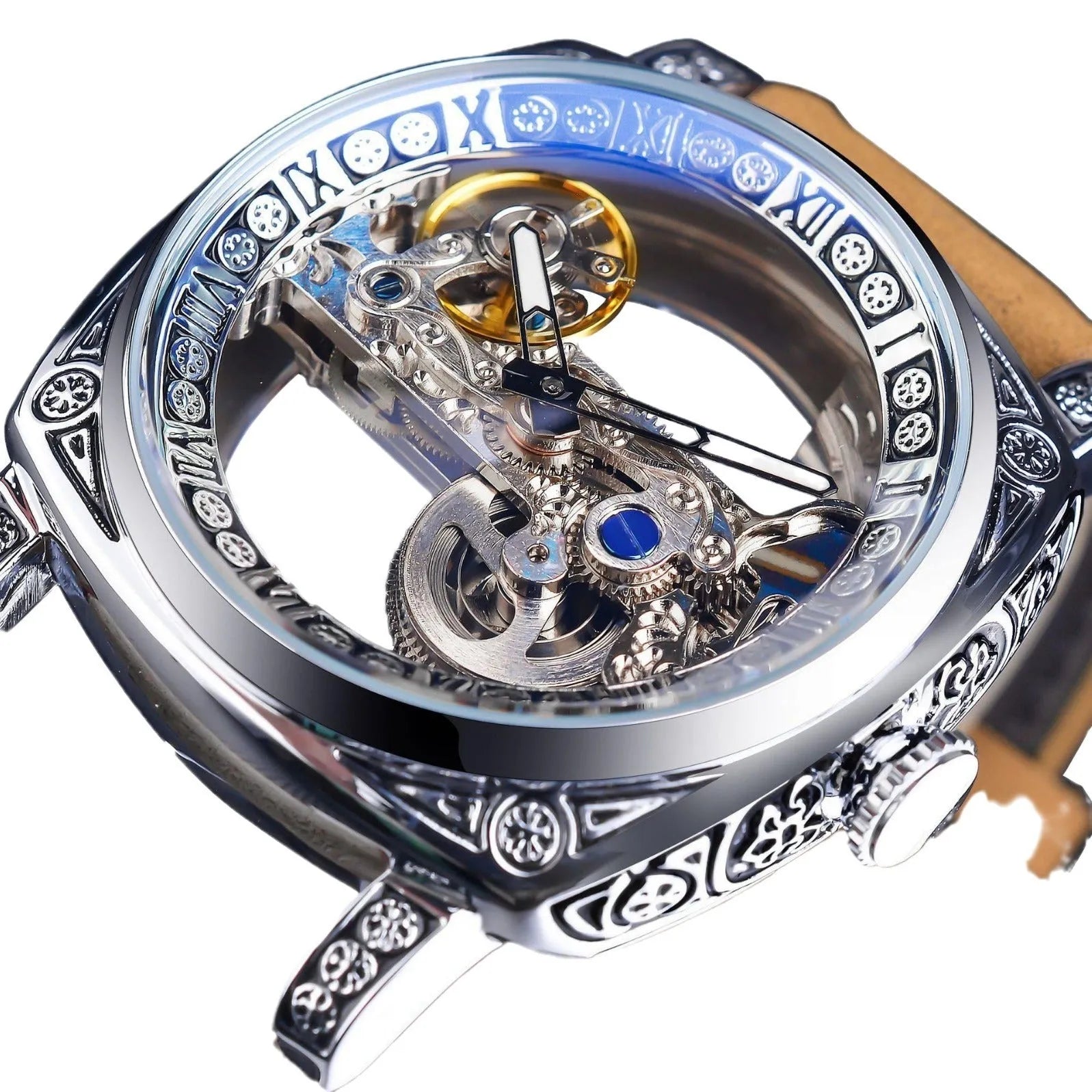 Hollow mechanical watch for men business style GMT1235-3 15mm thickness open-worked dial