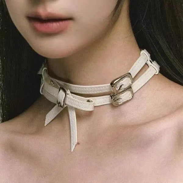 Women's cool white bow leather necklace with electroplated alloy pendant on leather cord