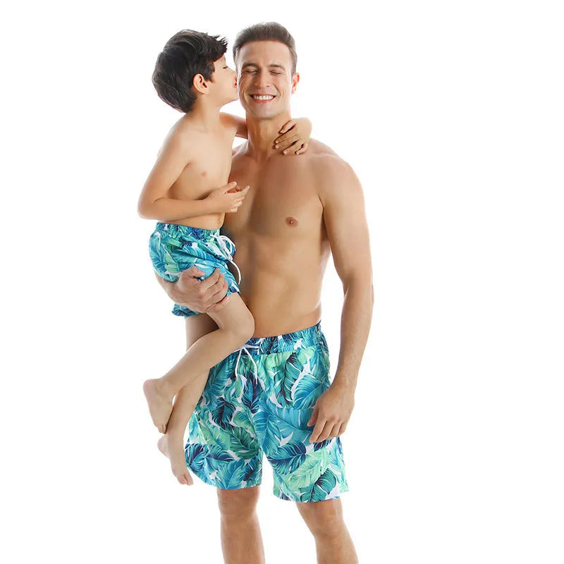 Blue printed quick drying cotton blend beach pants for men with elasticated waist
