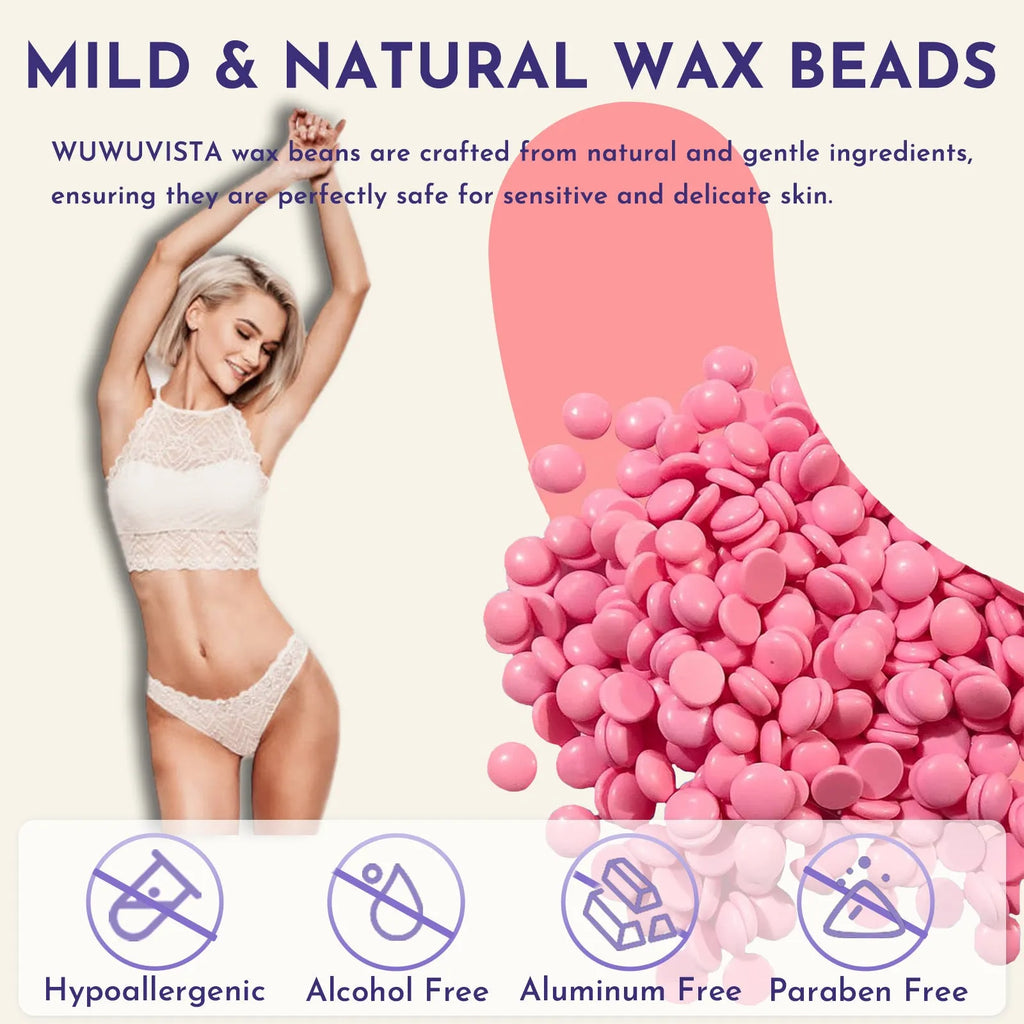 Gold-standard hard wax kit with black warmer, pink wax beads, applicator sticks, and aftercare bottles.