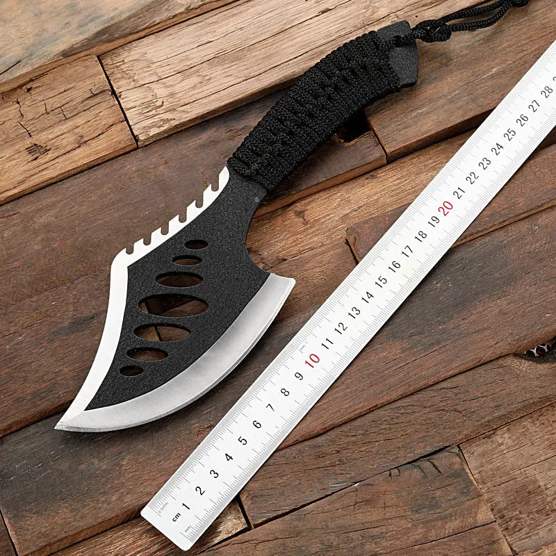 Multi purpose tactical axe with black high carbon steel blade and handle, 270mm total length, and woven umbrella rope handle guard