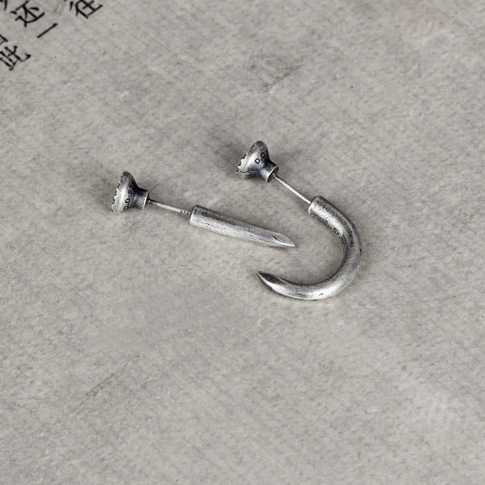 S925 sterling silver nail earrings in straight and curved punk stud designs with ear hook closures