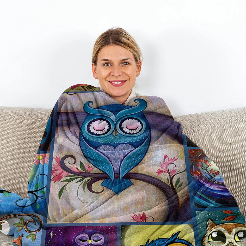 Soft flannel owl pattern blanket in multicolour, available in 75x100cm, 130x150cm, 150x200cm sizes