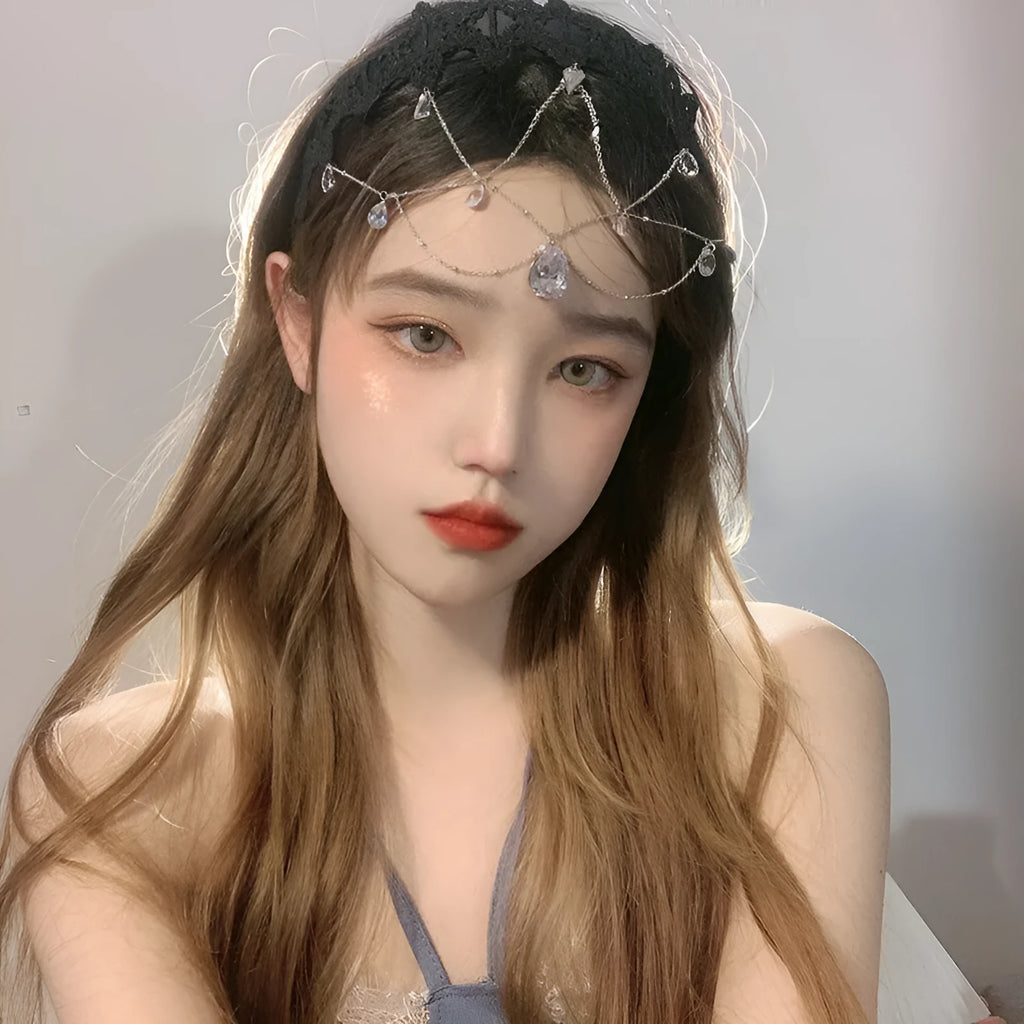 Water drop gem hair jewellery photography mask accessory with alloy silver or gold plated finish and Black Lace option