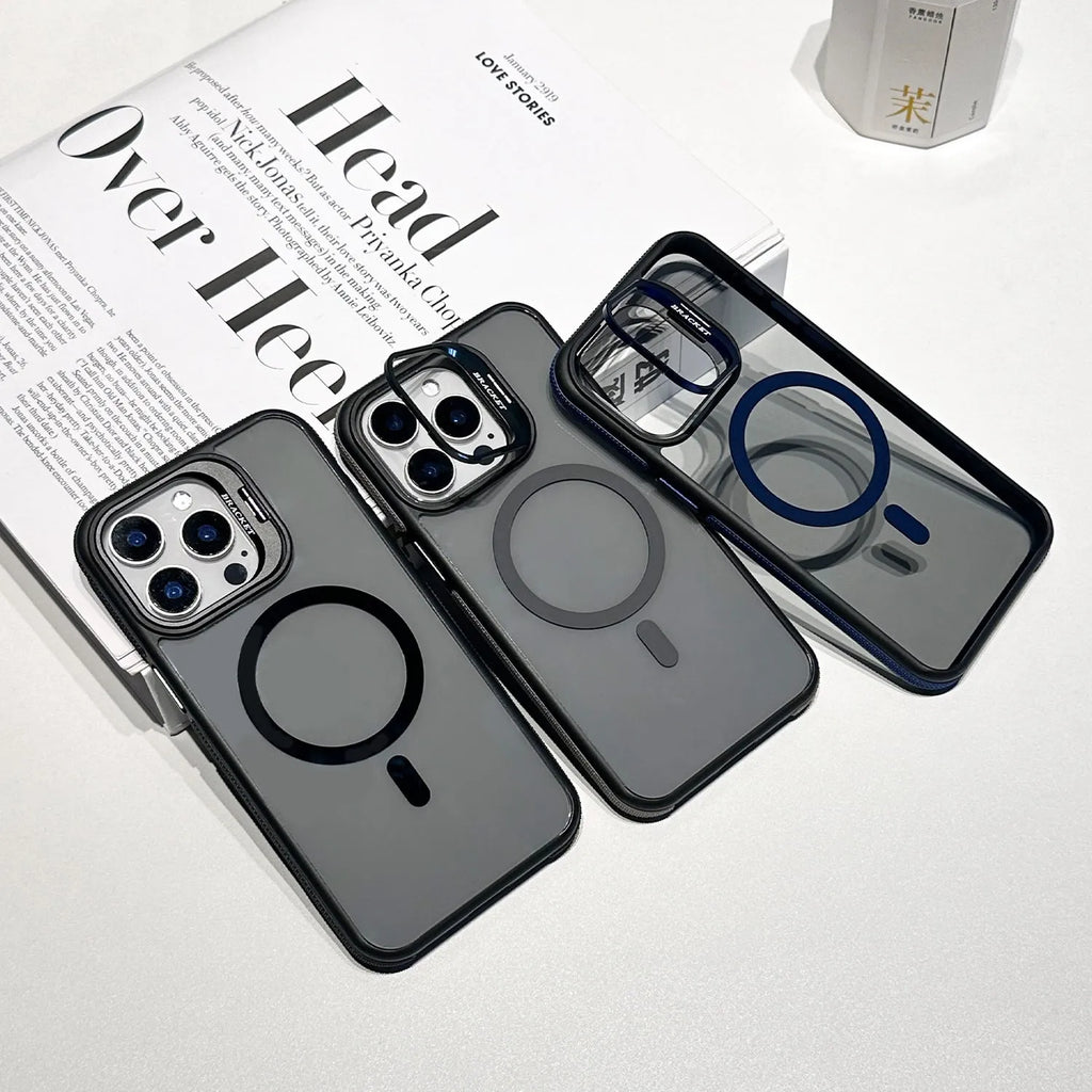 Invisible lens bracket magnetic phone case for iPhone in RW Black colour, showing TPU PC two-in-one design with integrated bracket