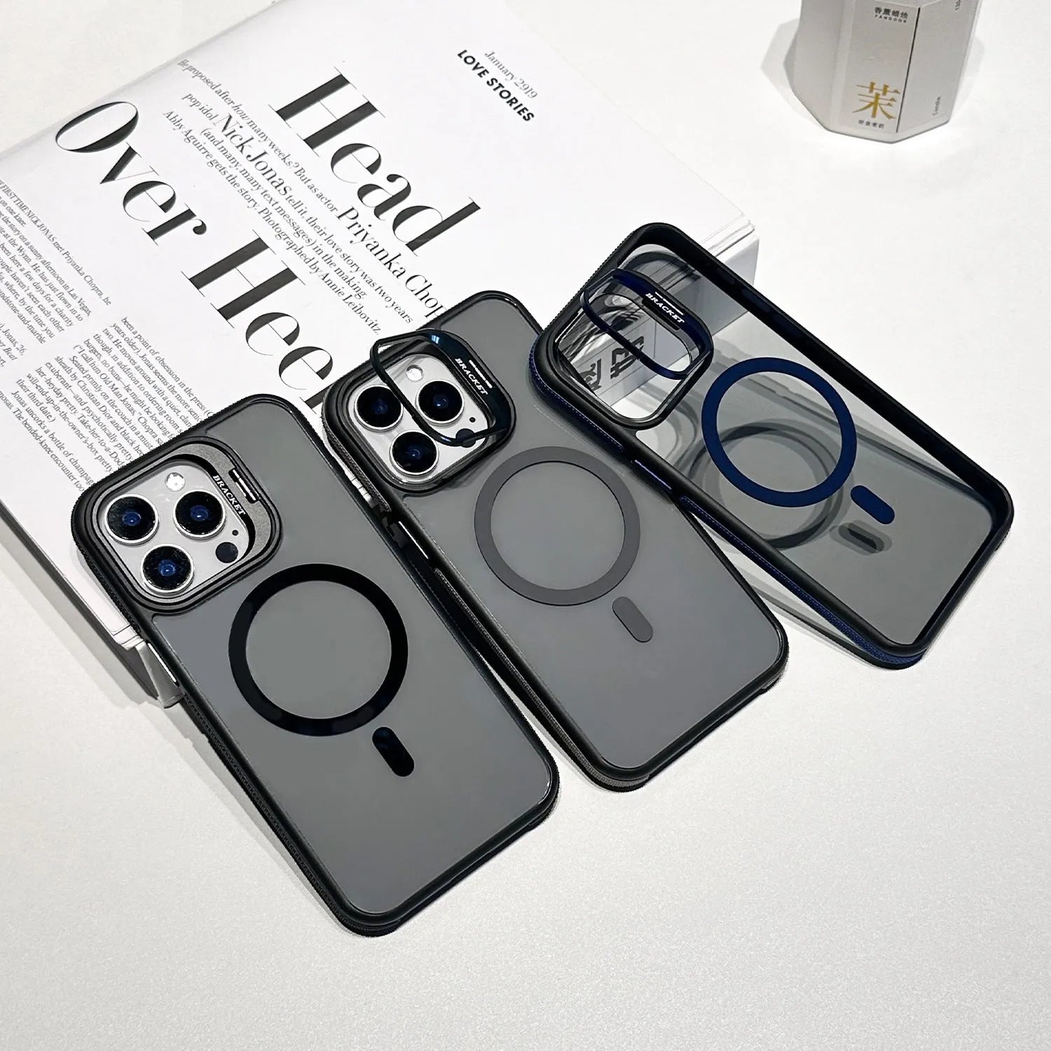 Invisible lens bracket magnetic phone case for iPhone in RW Black colour, showing TPU PC two-in-one design with integrated bracket