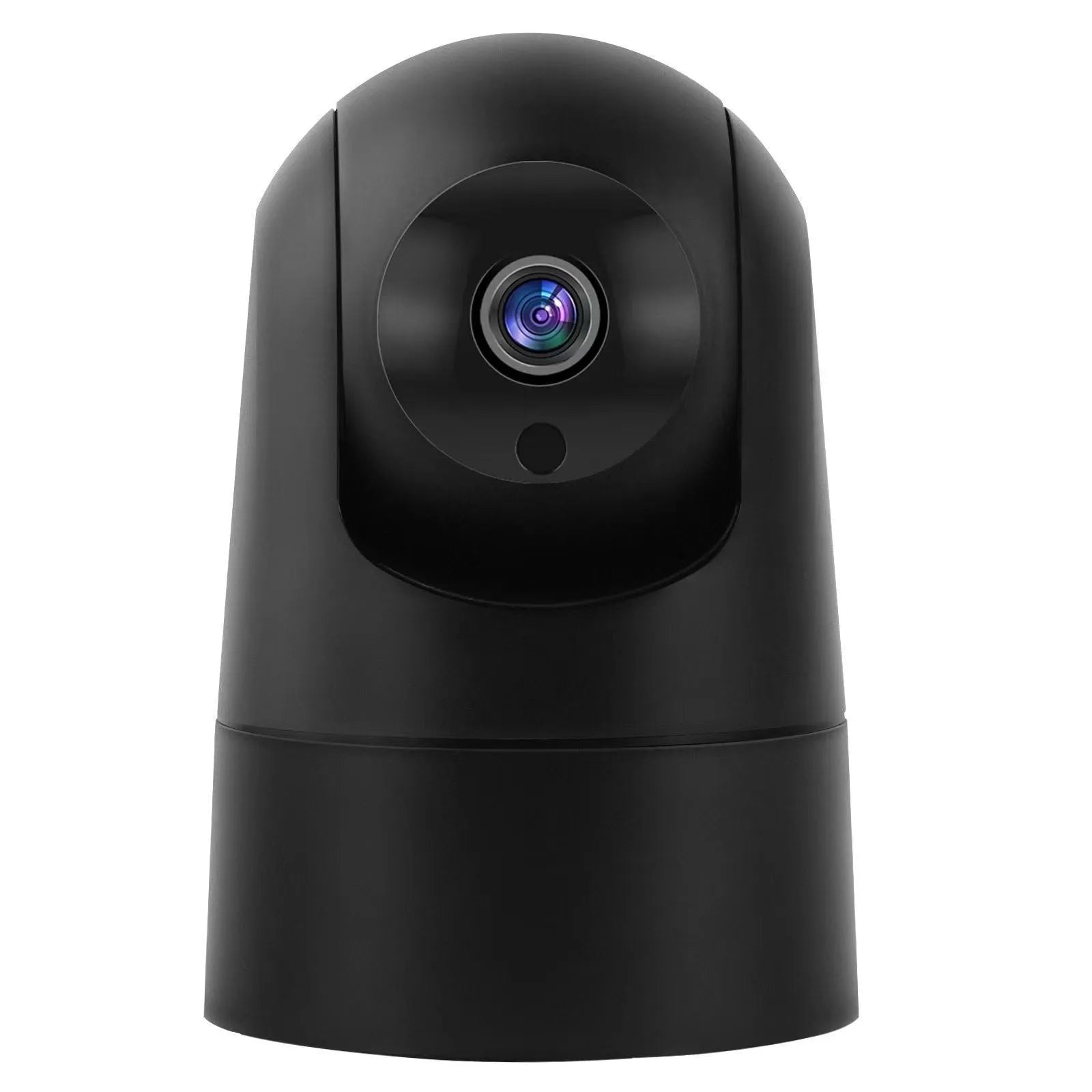 White indoor security camera with lens on a circular motorised base, showing compact size for shelf placement.