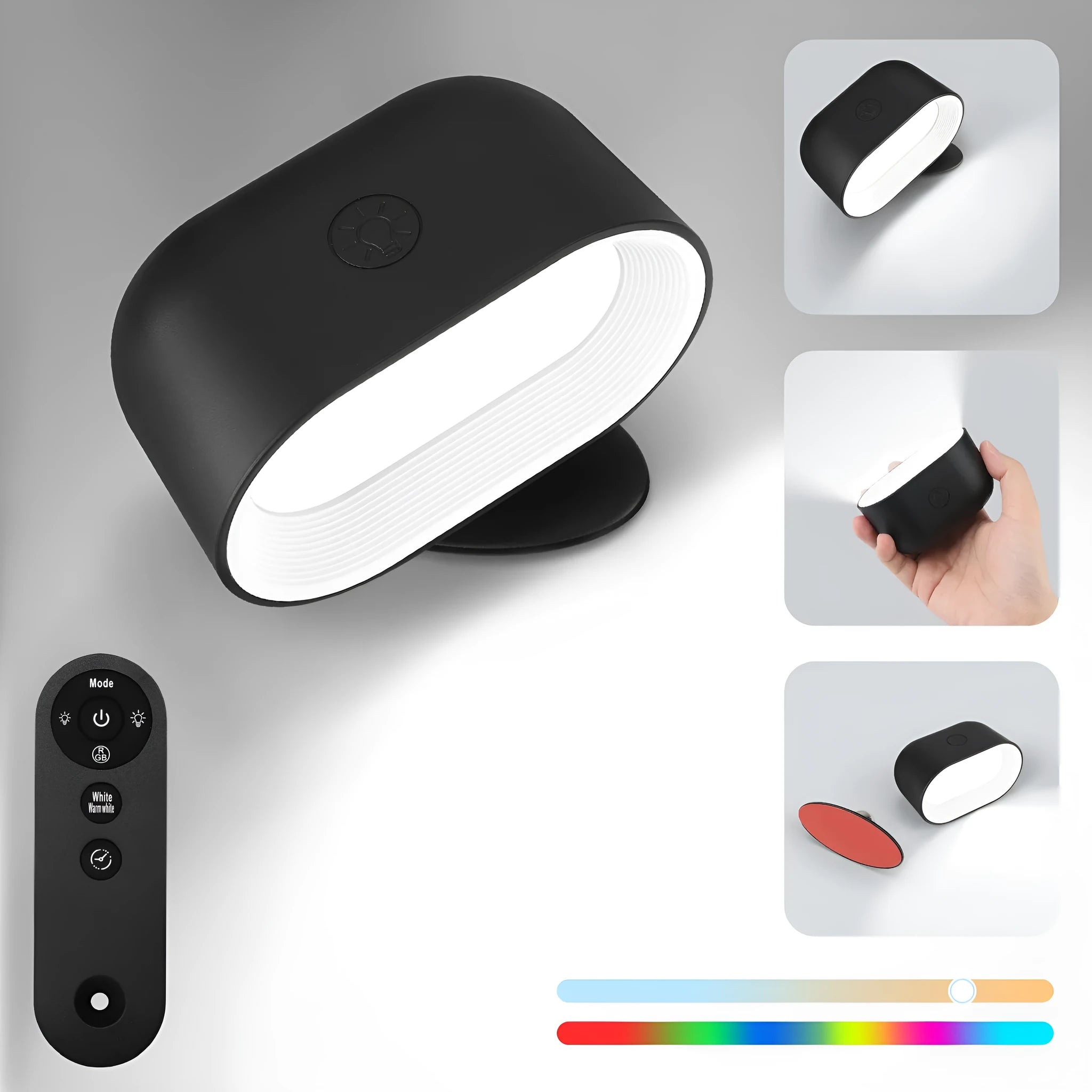 Oval white touch control magnetic wall lamp with remote on a plain background.