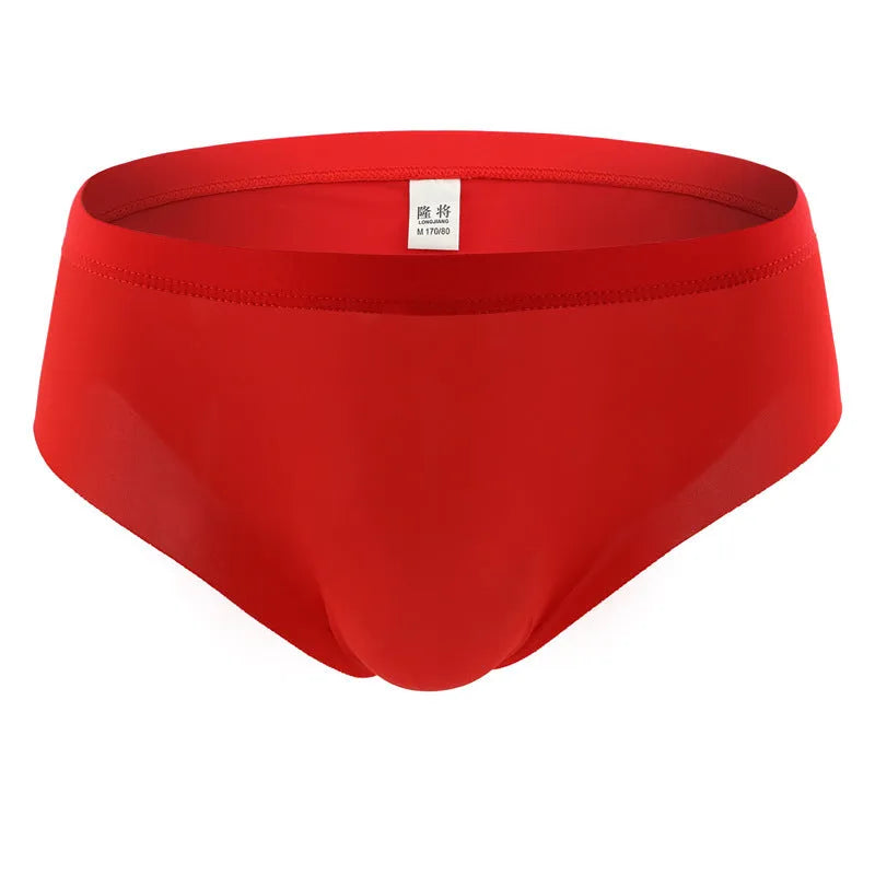 Men's seamless ice silk underwear, thin mid-waist brief, 92% nylon, plain pattern, available in 8 colours and sizes S-XL.