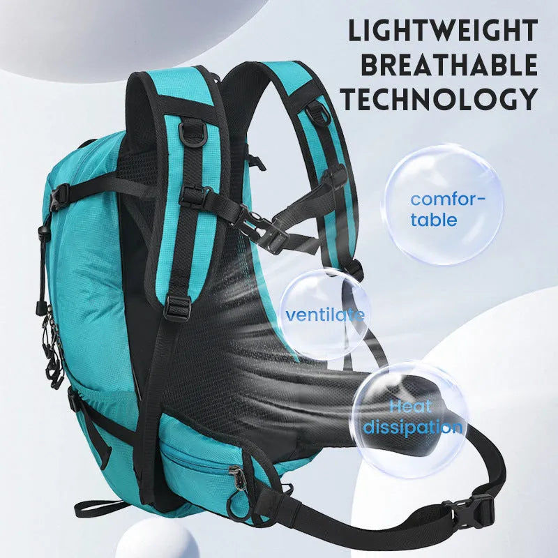 Outdoor waterproof hiking backpack with physiological curve back plate in black, lake blue, or lemon yellow