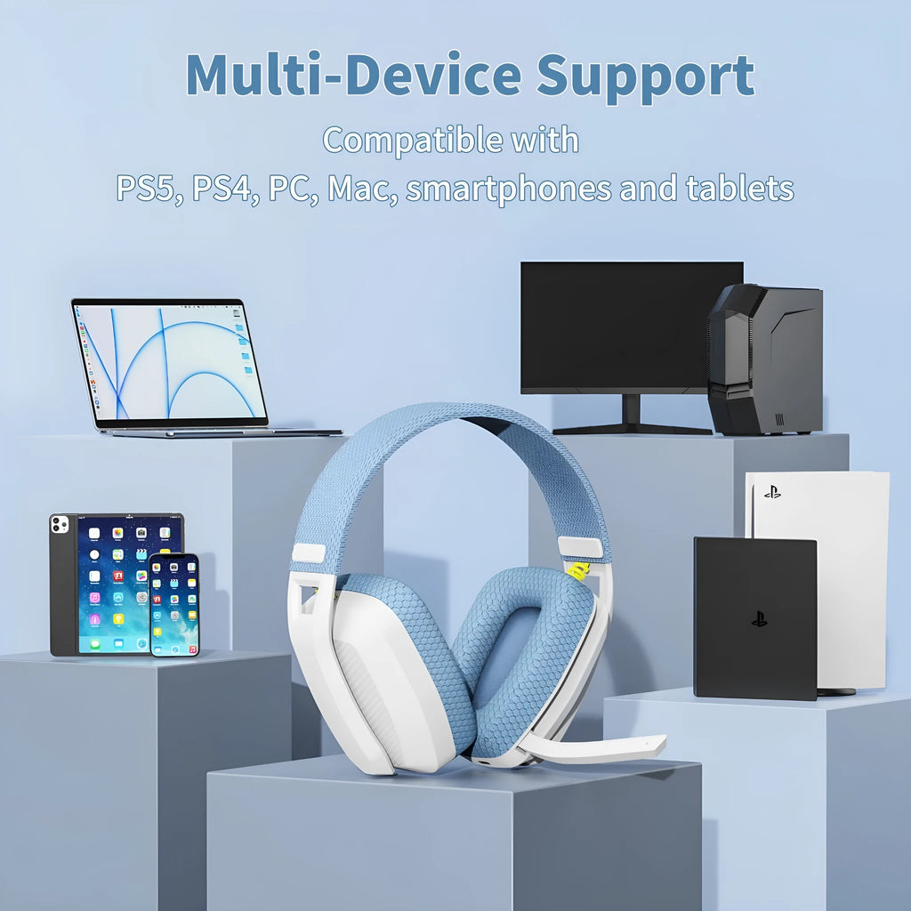 Bluetooth 5.3 and 2.4G dual-mode head-mounted headset with mesh earmuffs and microphone, shown in black.