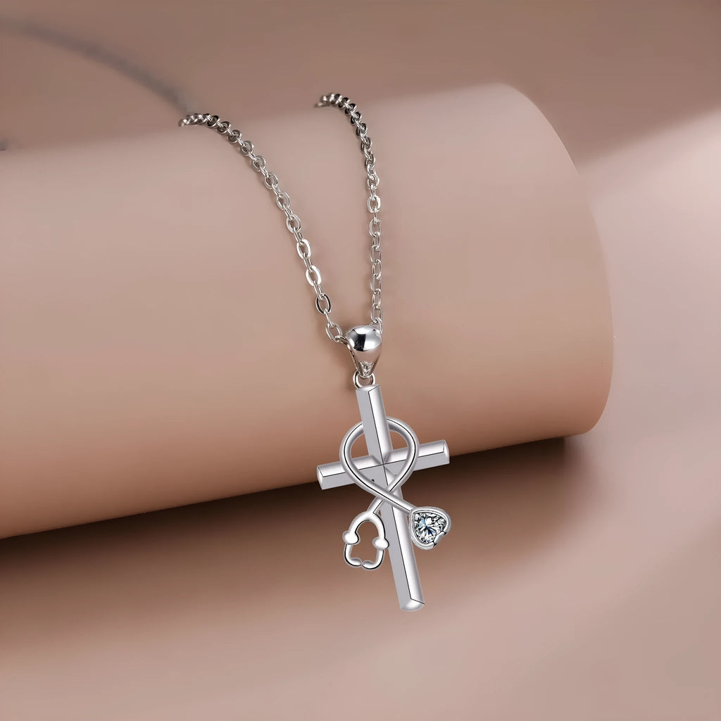 Women's necklace with copper stethoscope pendant on cross chain, electroplated finish