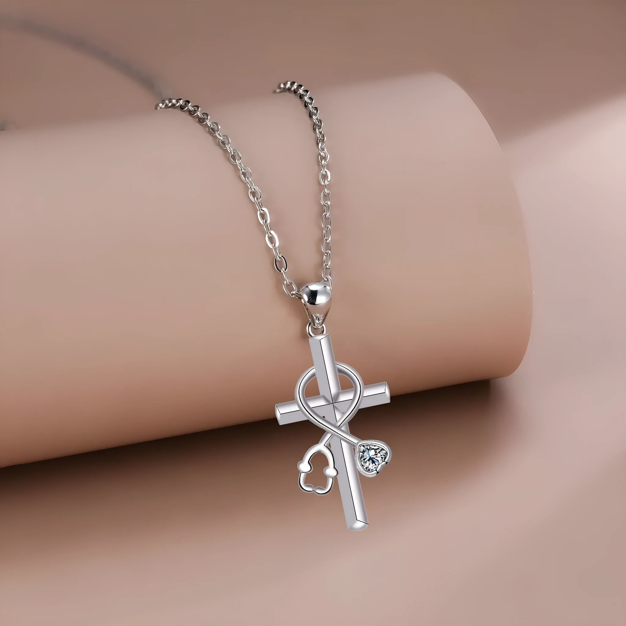 Women's necklace with copper stethoscope pendant on cross chain, electroplated finish