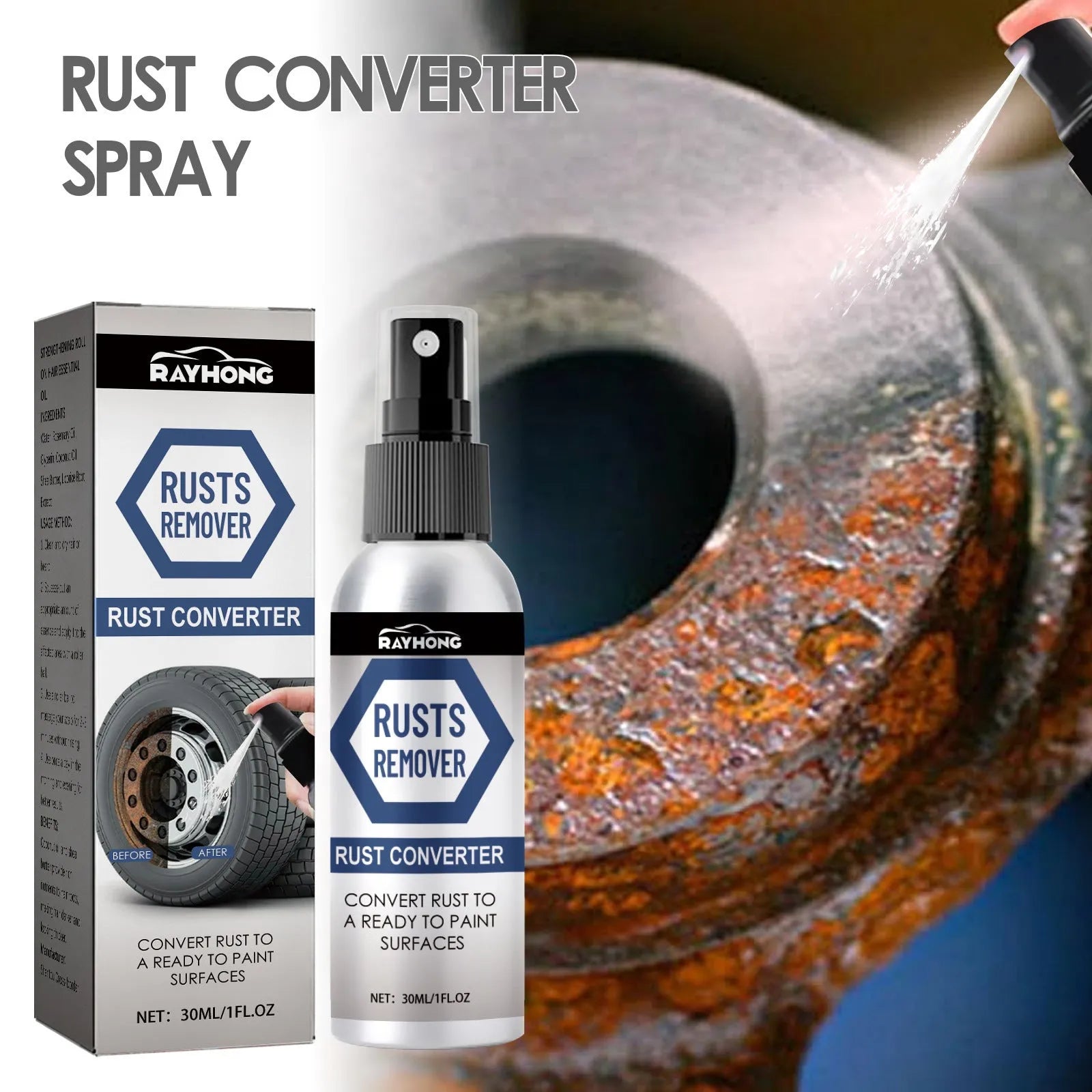 Anti rust conversion agent spray 30ml in black bottle for automobile hub treatment