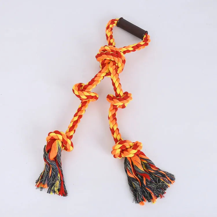 Blue and yellow durable cotton rope tug toy for large dogs with a non-slip handle