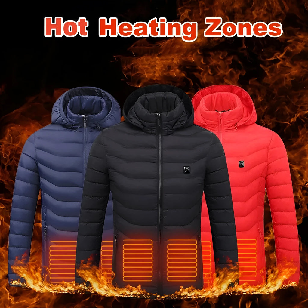 Men's heated puffer jacket in black with hood, electric heating for skiing, side view