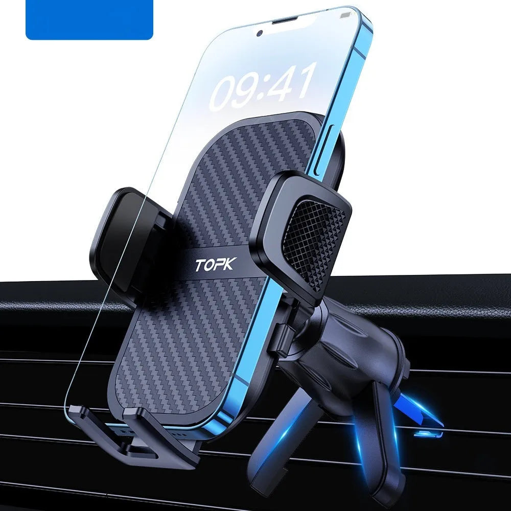 Universal car phone holder showing five different mounting bracket styles for windshield, dashboard and air vent installation.