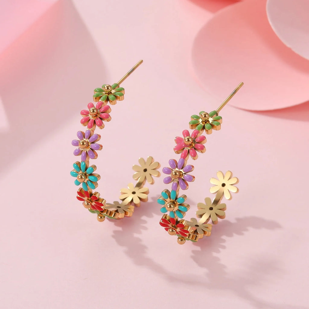 Fashion oil drip colour flower stainless steel bracelet with electroplated finish and geometric shape for women