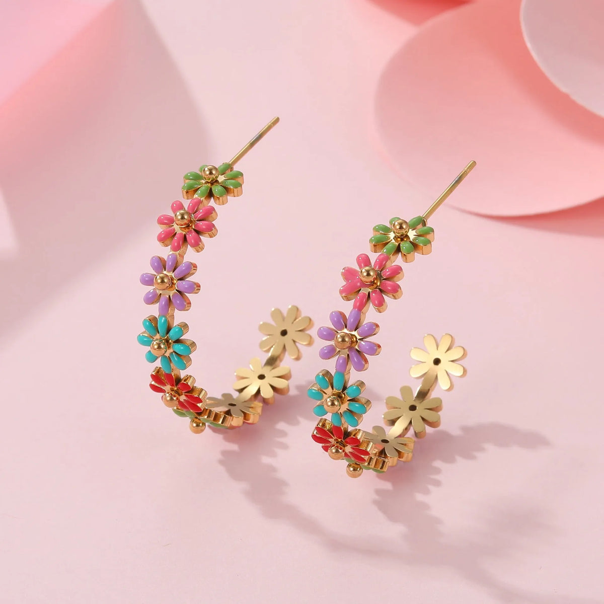 Fashion oil drip colour flower stainless steel bracelet with electroplated finish and geometric shape for women