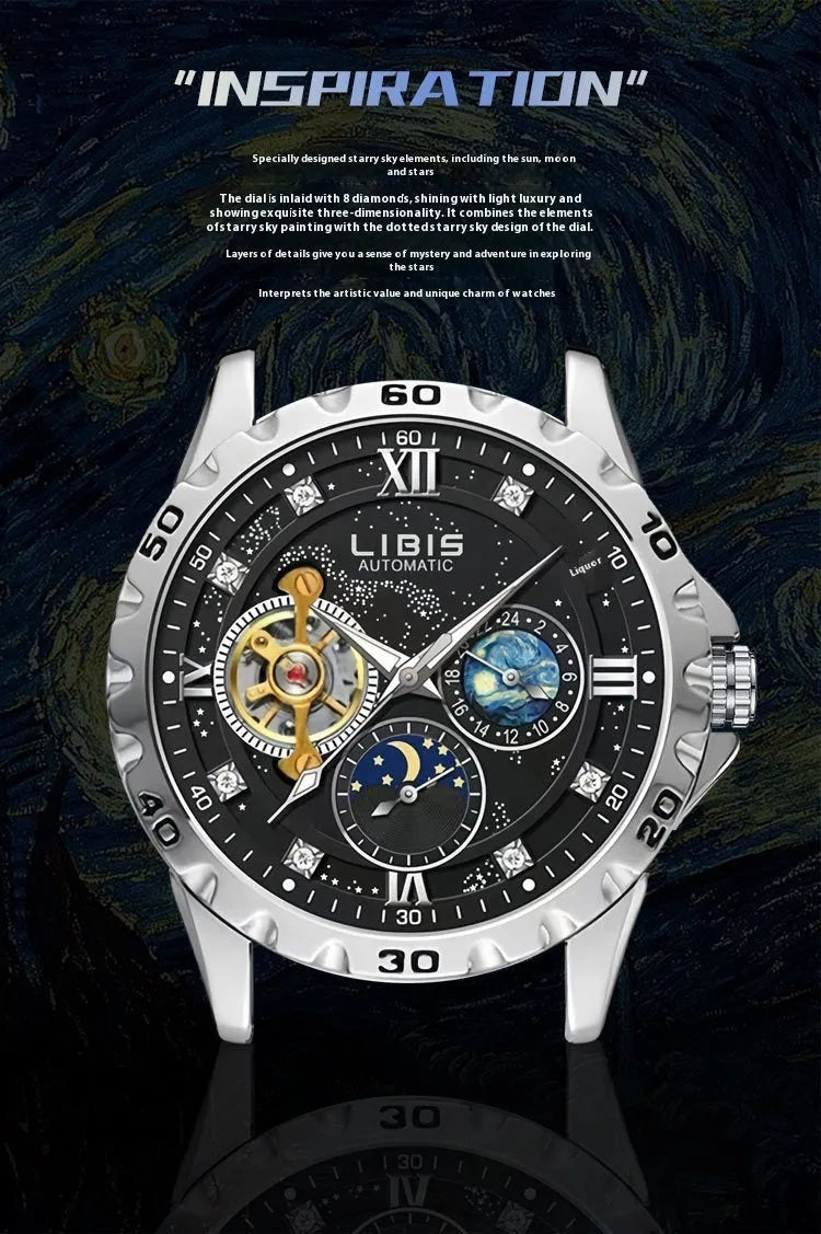 Men's silver case automatic watch with black starry luminous dial on a black steel belt.