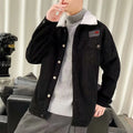 Men's loose-fit corduroy workwear jacket in khaki colour showing front view with stick pockets.