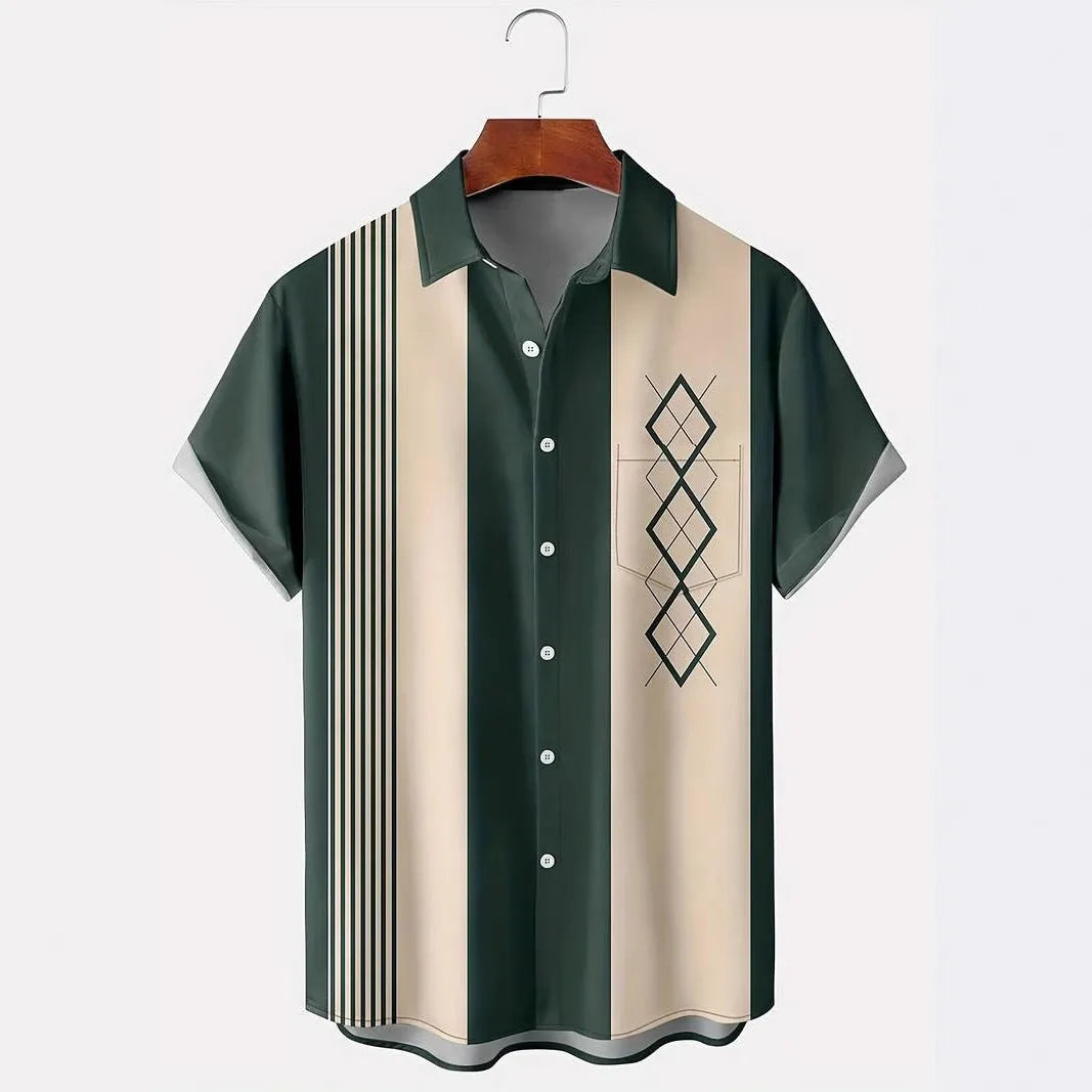 Man modelling a loose-fit plaid short-sleeve cardigan shirt with a lapel neckline.