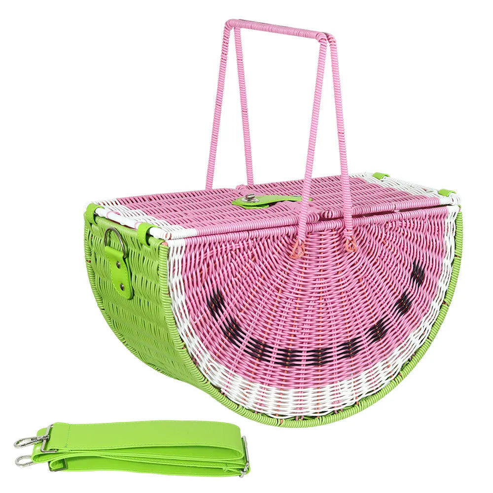 Green hand-held woven PP picnic basket with watermelon design for fruit and vegetable storage