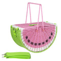 Green hand-held woven PP picnic basket with watermelon design for fruit and vegetable storage