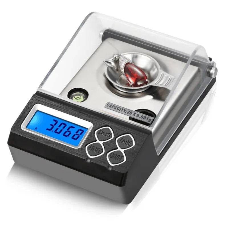 Portable electronic jewellery scale with digital display, 144x84.5x51mm size, 0.001g high precision, 50g capacity