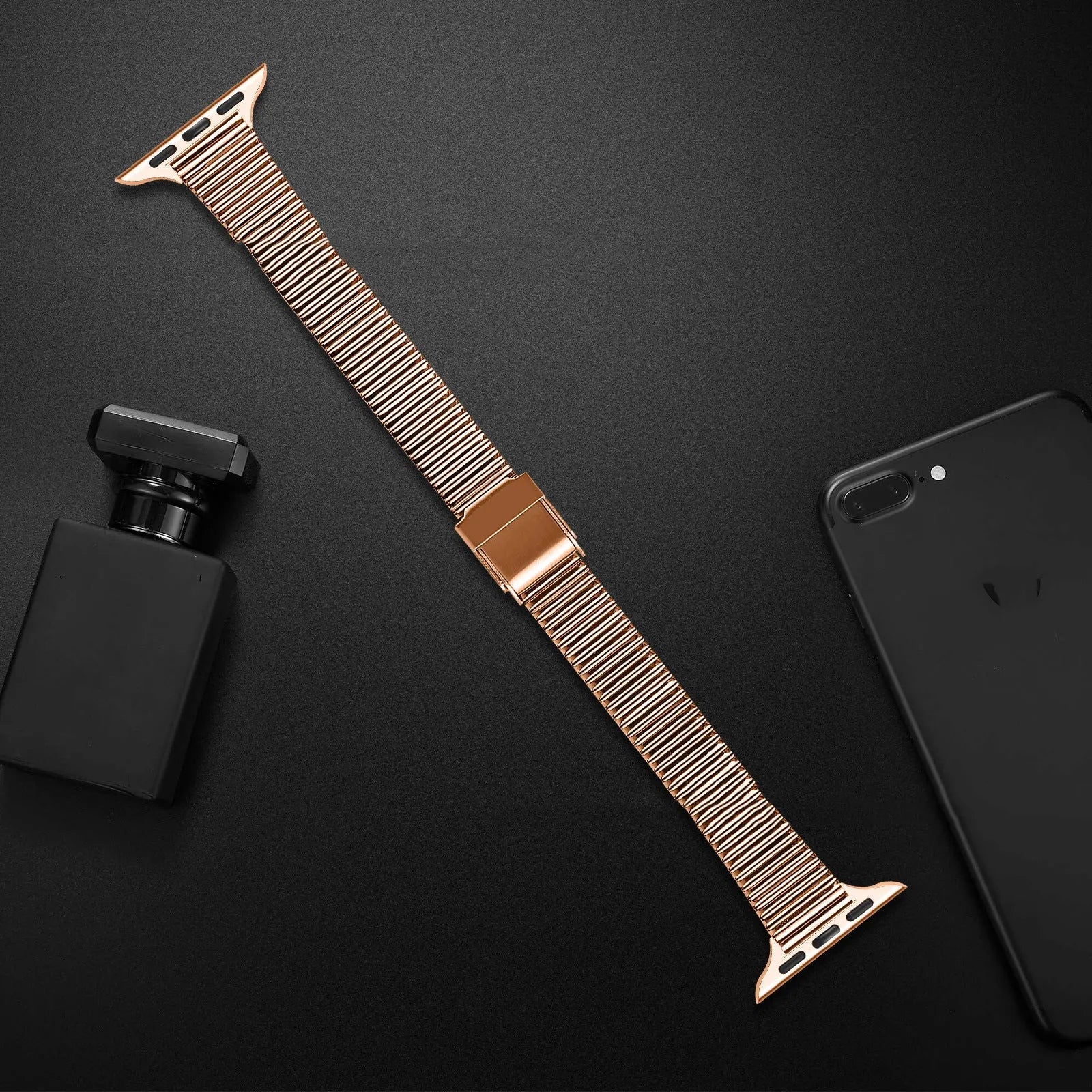 Stainless steel watch strap with one bead and double buckle for Apple Watch, available in black, silver, rose gold, and rose pink