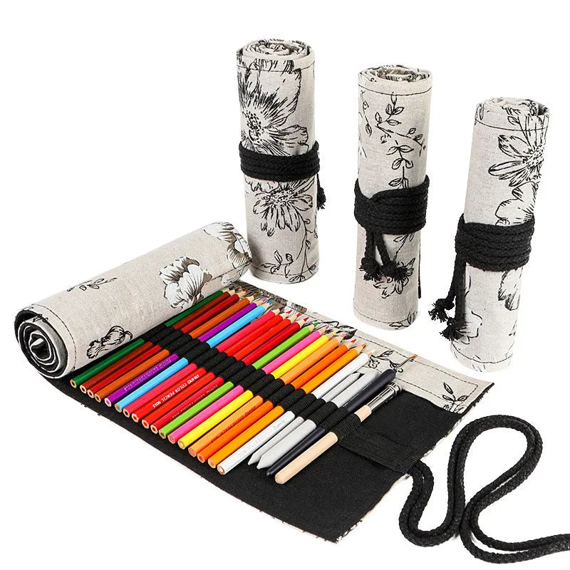 Japanese printed canvas rolling pencil case with Black Peony pattern, square shape, cotton and linen fabric, multiple hole sizes for pens