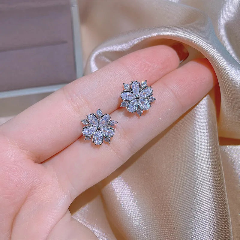 Double-layer flower cubic zirconia jewellery set: ring, stud earrings, and necklace in white copper, pink diamond colour option