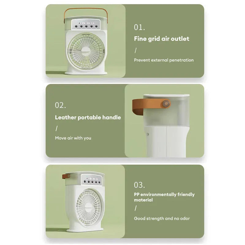 Portable USB air conditioner cooling fan with 7 colour LED lights and 600ml water tank in white