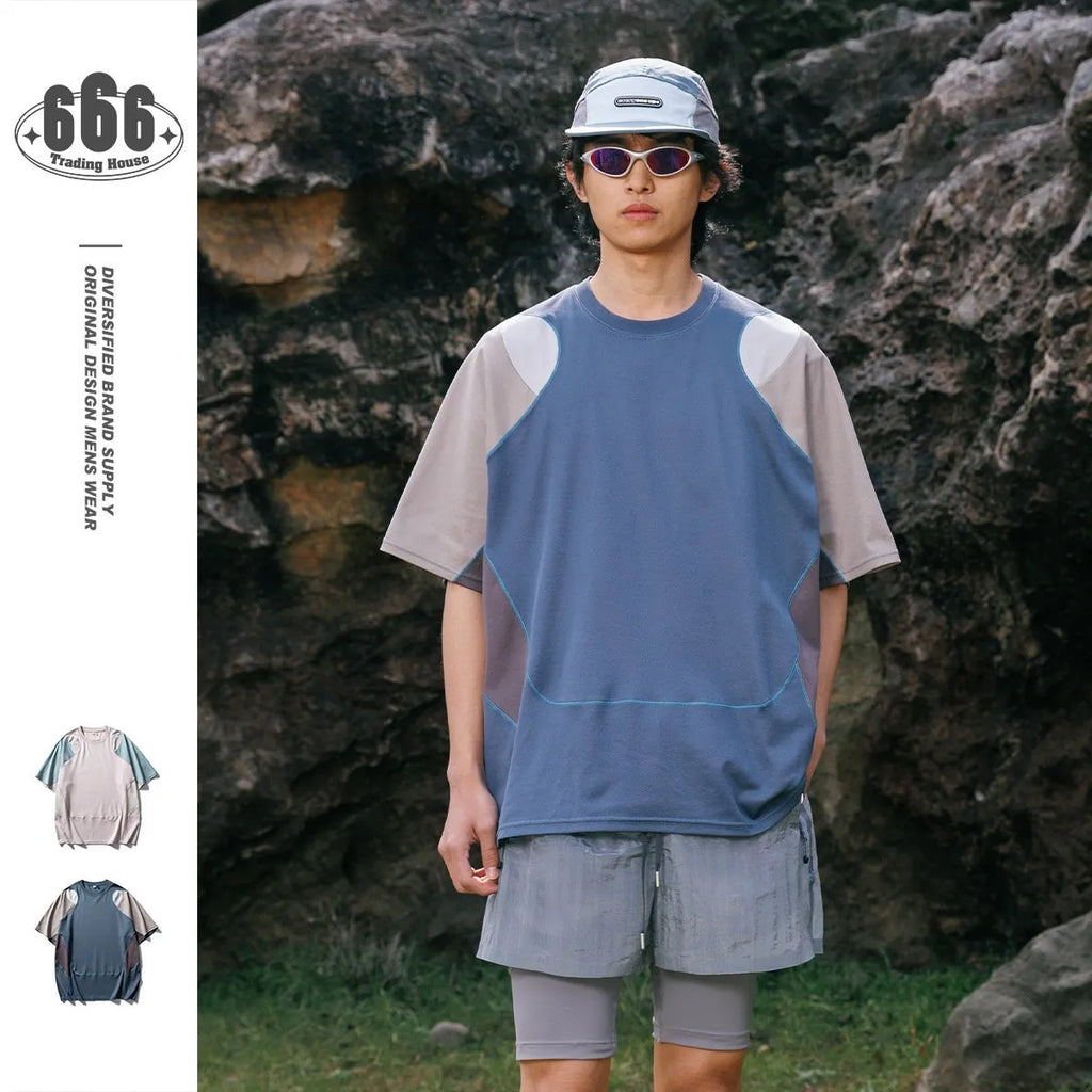 Men's loose patchwork contrast colour sports T-shirt on a hanger