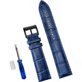 Blue genuine cowhide leather watch strap with stainless steel pin buckle, flat interface, size options 12mm to 24mm