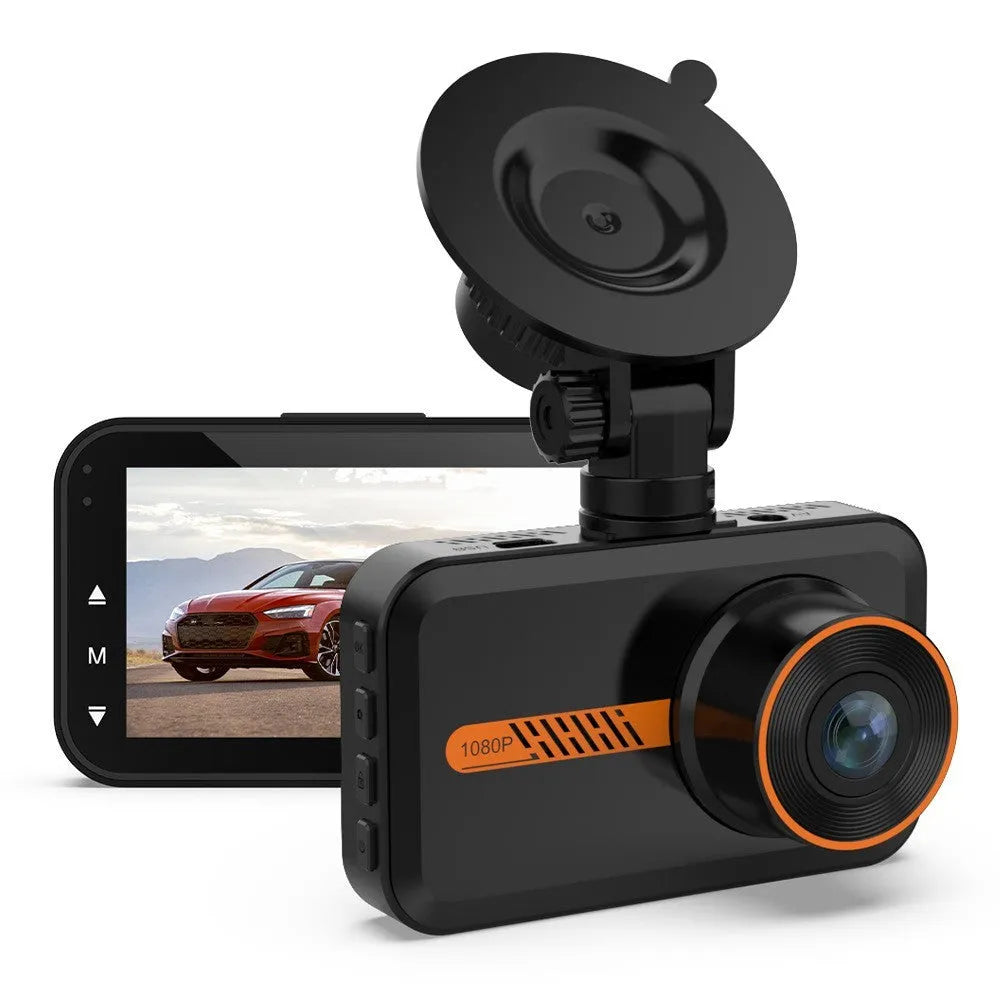 ThiEYE front and rear car dash camera with 3-inch screen, suction mount, and waterproof rear camera unit.